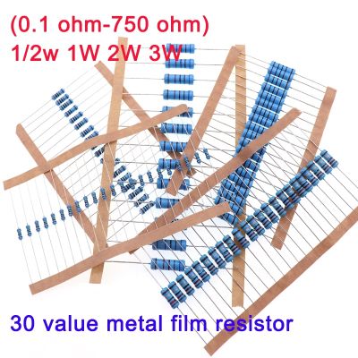 【CW】 1/2W 1W 2W 3W Metal Film Resistor Assorted Set 30 Value (0.1 ohm-750 ohm) 1 colored ring resistance kit 27R 270R 7.5R 75R