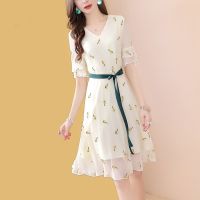 ✘■ chiffon dress female summer of 2023 the new collect waist long printing a-line