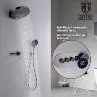 【LZ】◎▲  Gun Cinza Branco Escondido Torneira Do Chuveiro Parede De Cobre Montada Temperatura Constante Display Digital Voando Chuva Cachoeira Shower Set