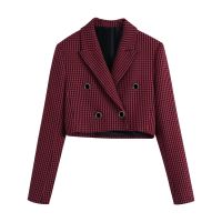 Willshela ผู้หญิงแฟชั่น Mini Houndstooth ตรวจสอบ Cropped Coat Blazer Nocth คอยาวแขนยาว Double Breasted Chic Lady Casual Office สั้น Swallow Gird ลายสก๊อตเสื้อสูท