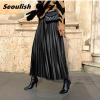 Seoulish Autumn Winter New 2022 Faux PU Leather Pleated Long Skirts for Women High Waist All-match Umbrella Chic Skirts Female