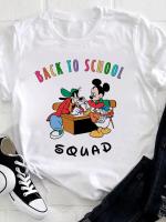 Disney เสื้อยืดผู้หญิง Mickey และ Goofy การ์ตูนพิมพ์ Lady Tops Back To School ชุดเสื้อผ้าหญิงฤดูร้อนหลวมเกาหลีสไตล์ S-5XL