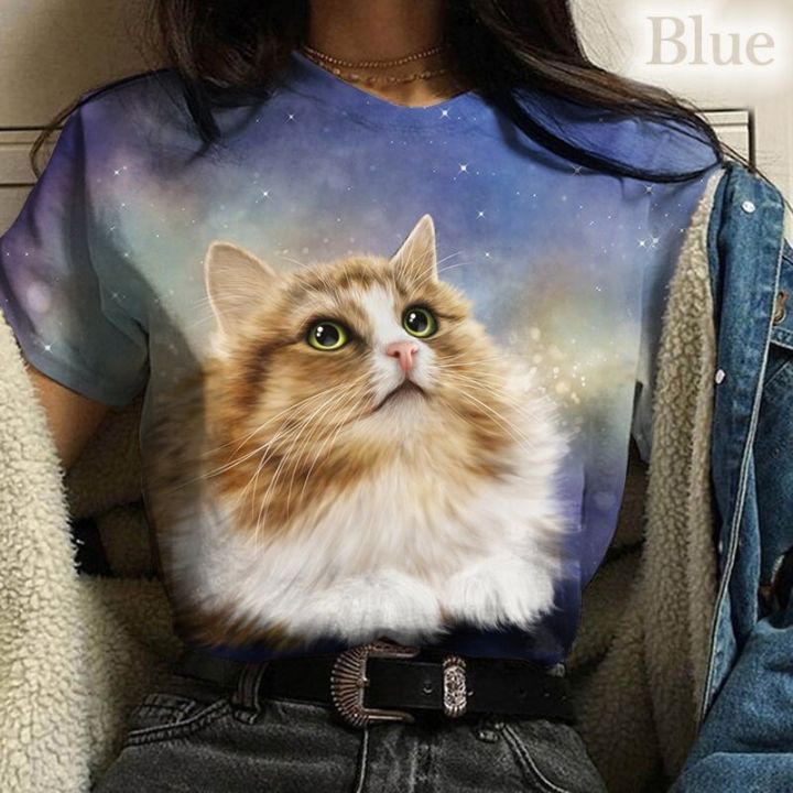 เสื้อยืดผู้หญิง3d-ใหม่เสื้อ3d-แมวเสื้อพิมพ์คอกลมสัตว์
