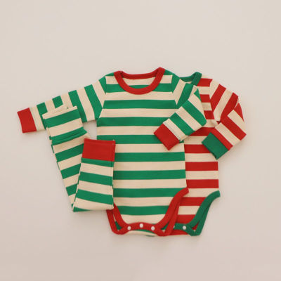 Winter Baby Girls Clothes Cute Striped Christmas Jumpsuit For Newborns 2022 Long-sleeved Fashionable Boys Bodysuit + Pants Set