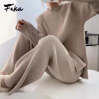 【DT】hot！ 2 Pieces Set Knitted Tracksuit O Neck Sweater and Straight Pants Pullover 2022 Ladies Dailywear