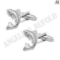 ANGELINO RUFOLO Cufflink(คัฟลิงค์) ดีไซน์ Fish กระดุมข้อมือคัฟลิ้งโรเดียมคุณภาพเยี่ยม ตัวเรือนสีเงิน