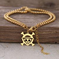 Stainless Steel Bracelets Anime Straw Hat Skull Face Fashion Double Chain Hip Hop Goth Bracelet For Women Jewelry Gift One Piece