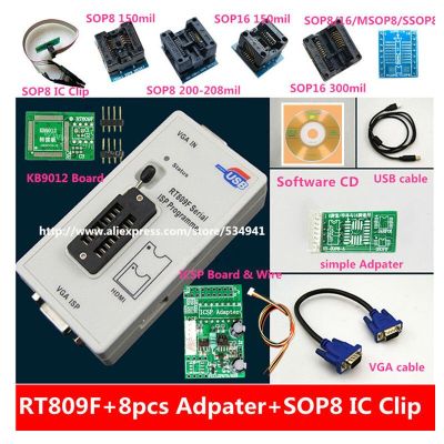 free shipping 100% origanil Newest RT809F LCD ISP programmer with 8 adapters +sop8 IC test clip + ICSP board /ISP cable