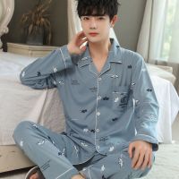 MUJI High quality 100  cotton middle-aged young mens pajamas mens spring autumn and summer winter cardigan long-sleeved dad home clothes loose