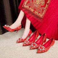 Red brides wedding shoes womens 2021 versatile p红色新娘婚鞋女2021年百搭尖头水钻高跟鞋女细跟新娘秀禾女鞋11.2