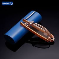 Seemfly Women Men Folding Small Frame Metal Reading Glasses Pen Holder Resin Presbyopic Glasses Diopters 1.0 4.0 With Case