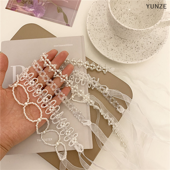 yunze-ที่คาดผมมุกคริสตัลหวานโรแมนติกลูกปัดดอกไม้ลูกไม้ริบบิ้นพันผมยาวประดับผมลูกไม้เครื่องประดับสร้อยคอโช้คเกอร์พยุงหลัง