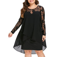 Women Dress Plus Size Sheer Lace Sleeve High Low Hem O-Neck Swing Dress Casual party dresses large sizes