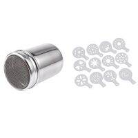 Silver Stainless Steel Mesh Tube Type Dusters Dusting Salt Shaker Spice Jar with 12 Pcs Cappuccino Coffee White Stencils Template Strew Flowers Pad Duster Spray