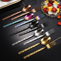 24Pcs Gold Cutlery Set Stainless Steel Stone Grain Handle Knives Forks Tea Spoons Kitchen Tableware Dinnerware Dinner Silverware