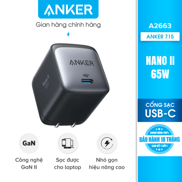Sạc Anker 715 Nano II 65W 1 cổng USB-C PiQ 3.0 tương thích PD – A2663 – Hỗ trợ sạc nhanh 65W