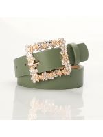 Womens Belt Alloy Inlaid Diamond Pin Buckle Dress Decorative Belt Elegant Fashion Square Buckle New Jeans Wide PU Waistbelts