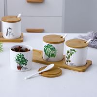 Nordic Plant เซรามิคเครื่องปรุงรส Jar ชุดเครื่องเทศหม้อน้ำตาลเกลือพริกไทยคอนเทนเนอร์ไม้ไผ่ฝาปิดช้อนเครื่องปรุงรสครัว300Ml