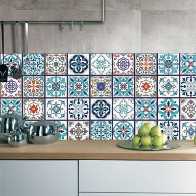 №✶✳ 3D Arabian Style Retro Tile Floor Sticker Kitchen Bathroom Waist Line Wall Stickers Vinyl Waterproof Poster Home Decor Art Mural