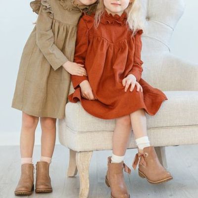 Autumn Spring Kids Girls Dresses Khaki Caramel Long Sleeves Ruffle Collar Child Vestido Baby Solid Color Dresses 2-6Y