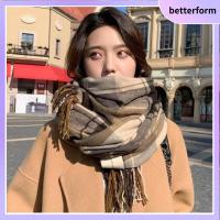 BETTERFORM อบอุ่นและอบอุ่น ผ้าพันคอลายสก๊อตฤดูหนาว นุ่มนุ่มๆ ออกแบบลายพิมพ์ ผ้าคลุมไหล่แบบพัน ของใหม่ พาชมินา ผ้าพันคอพู่ยาว สำหรับผู้หญิง