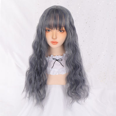 AILIADE Synthetic Blue Long Lolita Wigs With Bangs Wave Cosplay Wigs for Woman High Temperature Fiber Wigs