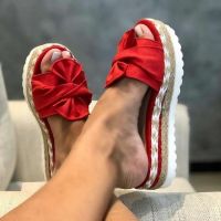 Wish the new 2021 amazon Europe and States bowknot word beach sandals thick high-heeled platform hemp big yards for womens shoes