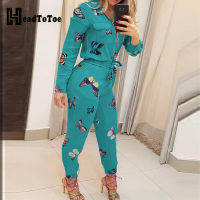 Butterfly Print Zipper Pocket Design Rompers Women Jumpsuit Long Sleeve Slim Fit Lace Up Waist Jumpsuits Casual Overalls