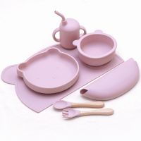 【CC】 Baby Silicone Dinnerware Set Feeding Food Bib Cartoon Dishes Plates Grade Fork And Cup