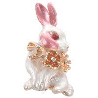 Pink Rabbit Flower Wrench Enamel Brooches Women Men Alloy Rhinestone Animal Wedding Banquet Party Brooch