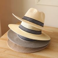 หมวกแก๊ปฟางถักผู้ชาย,หมวก Fedora Wide Brim ชายหาดปานามาหมวกฟางผู้หญิงลำลองเดินทางแจ๊สหมวกผู้ชายเก่าคลาสสิกฤดูร้อน