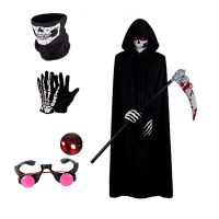 Childrens Ghost Halloween Role-play Costume with Red Skull Cape and Scythe Creepy Vampire Mask