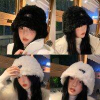หมวกครอบทรงถังผ้ากำมะหยี่สีทึบ OVERCH หมวกปานามาพับเก็บได้หมวกปีกรอบสำหรับผู้หญิงอบอุ่นกลางแจ้ง