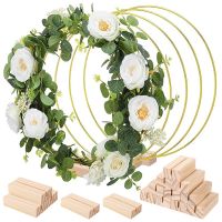 hot【cw】 Gold Metal Flowers Hoop with Card Holder Wedding Table Centerpiece Decoration Wreath Garland Round Rings