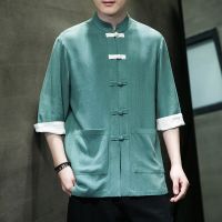 、’】【= New Chinese Style Mens Shirt Top Tang Linen Half Sleeve Solid Color Traditional Kung Fu Chinese Tea Wear Shirt Large Size M-5XL