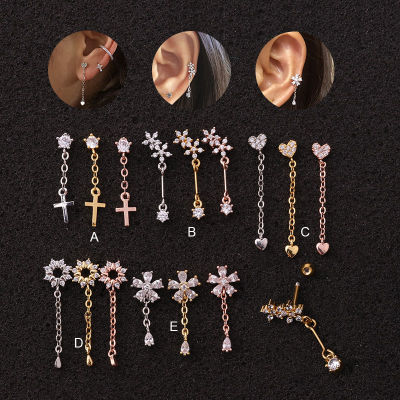 Jeweled Cross Heart Long Chains Cartilage Helix Tragus Piercing Ear Stud Piercing Jewellery