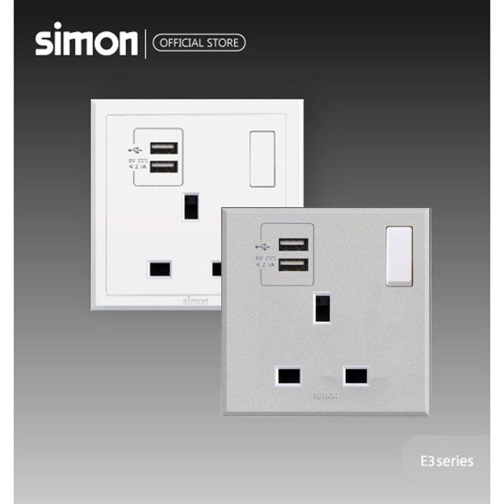 SIMON E3 Series <13A Switch Double + USB> White & Silver