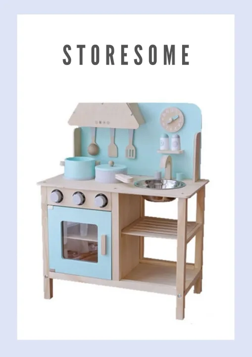 Premium Kids Wooden Play Kitchen Storage Space With Cooking Sets (Baby Blue) Lazada