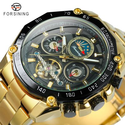 ⌚ForXining นาฬิกา Tourbillon Watch นาฬิกาข้อมือกลไกเฟสอัตโนมัติดวงจันทร์ของผู้ชายสายเหล็กนาฬิกาข้อมือสปอร์ตอเนกประสงค์ Relogio ใหม่
