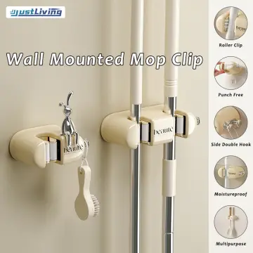 1pc Wall Mounted Aluminum Mop Holder With 2 Clips And 3 Hooks