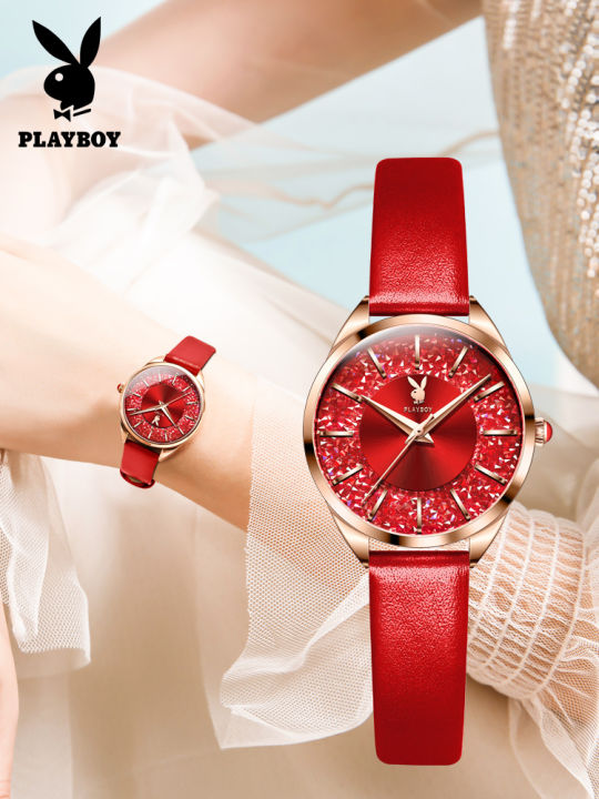 playboyควอตซ์เซ็ตนาฬิกาสำหรับผู้หญิง-new-usaยี่ห้อแฟชั่นหนังสายคล้องคอคริสตัลนาฬิกานาฬิกากันน้ำสำหรับแฟน