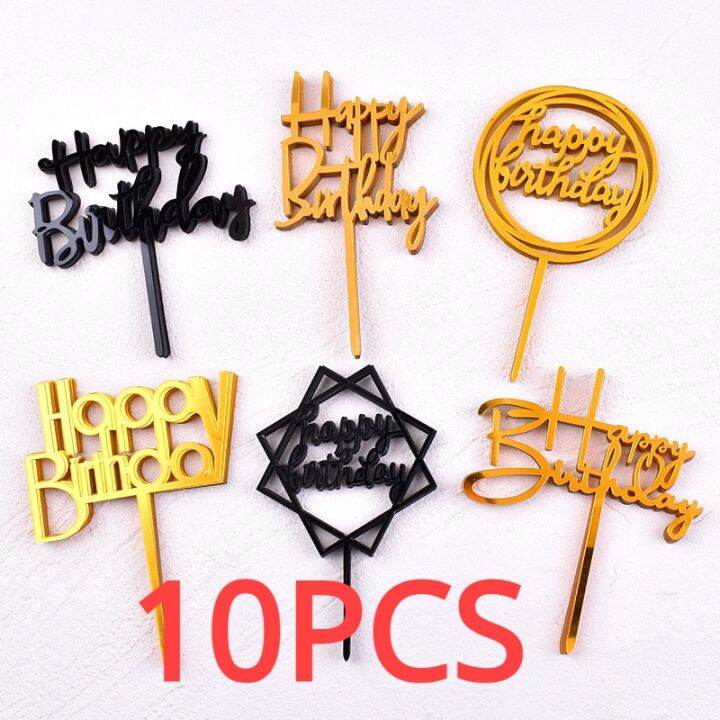 10PCS Acrylic Happy Birthday Cake Topper Multiple Styles Balck Gold