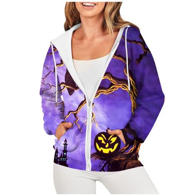 Ladies Fashion Long Sleeve Halloween Print Hooded Zipper Sweatshirt Jacket Lightweight Super Soft Versatile Jacket Chaquetas