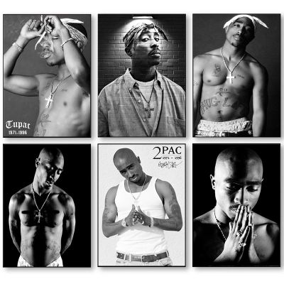 Ultra Cool Rap Legend 2PAC โปสเตอร์ Tupac Singer ผ้าใบพิมพ์ภาพวาด HiP Hop Rapper สีดำและสีขาว Wall Art ภาพ Home Room Decor