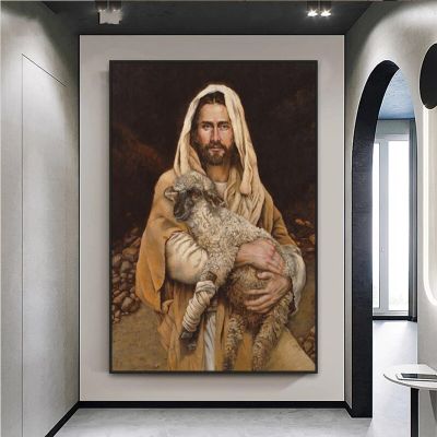 พระเจ้าพระเยซูคริสต์กับเนื้อแกะศิลปะแอบสแตรกย้อนยุคโปสเตอร์ผ้าใบวาดภาพพิมพ์ภาพติดผนัง0706