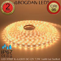 LED STRIP, K-AA2835-60-2700K IP67 DC12V ไฟริบบิ้นแอลอีดี 60LED/1เมตร 7.5W/1เมตร ยี่ห้อ BOGDAN LED วอมไวท์ 2700K แอลอีดีไฟเส้น 300LED/5เมตร 37.5W/5เมตร