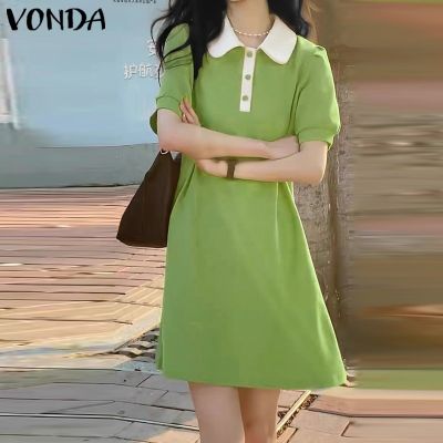 Vonda ชุดมินิเดรส แขนสั้น คอปก สีพื้น สไตล์เกาหลี สําหรับผู้หญิง 5211034✻❄