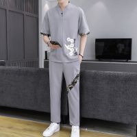 【hot seller】 new Chinese ice silk suit mens casual short-sleeved T-shirt trousers two-piece Tang thin