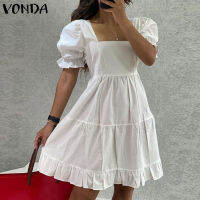 VONDA สตรีเสื้อฤดูร้อนชุดเอวสูง Sundress หลวม Casual Mini ชุดเดรสสั้น Plus (แฟชั่นตะวันตก)