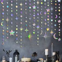 MA1MBB Iridescent Star Moon Circle Garland Ramadan EID Mubarak Birthday Party Decorations Hanging Crescent Twinkle Little Streamer